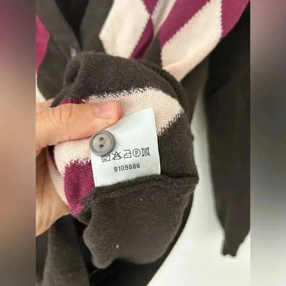 Lacoste fine merino wool argyle brown cardigan sweater - Picture 9 of 11